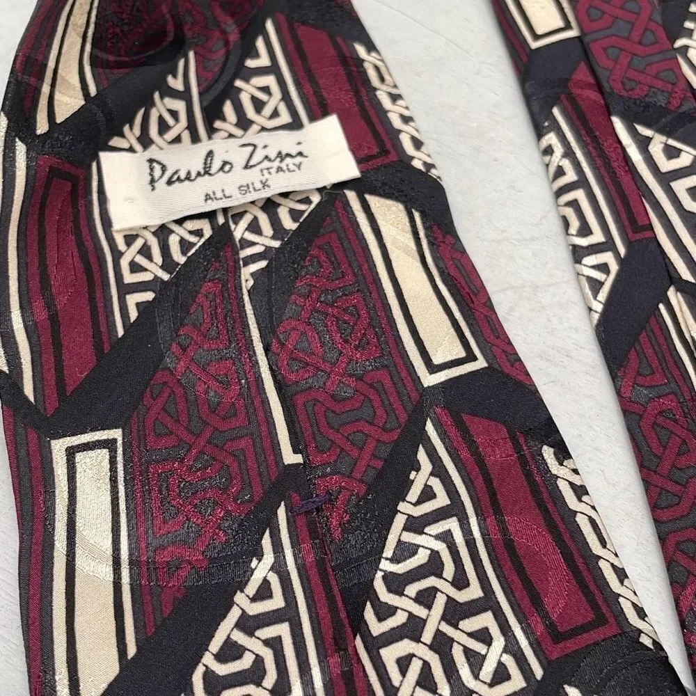 Vintage Paulo Zini Silk Ties For Mens Black Maroon Greecian‎ Geometric Italy